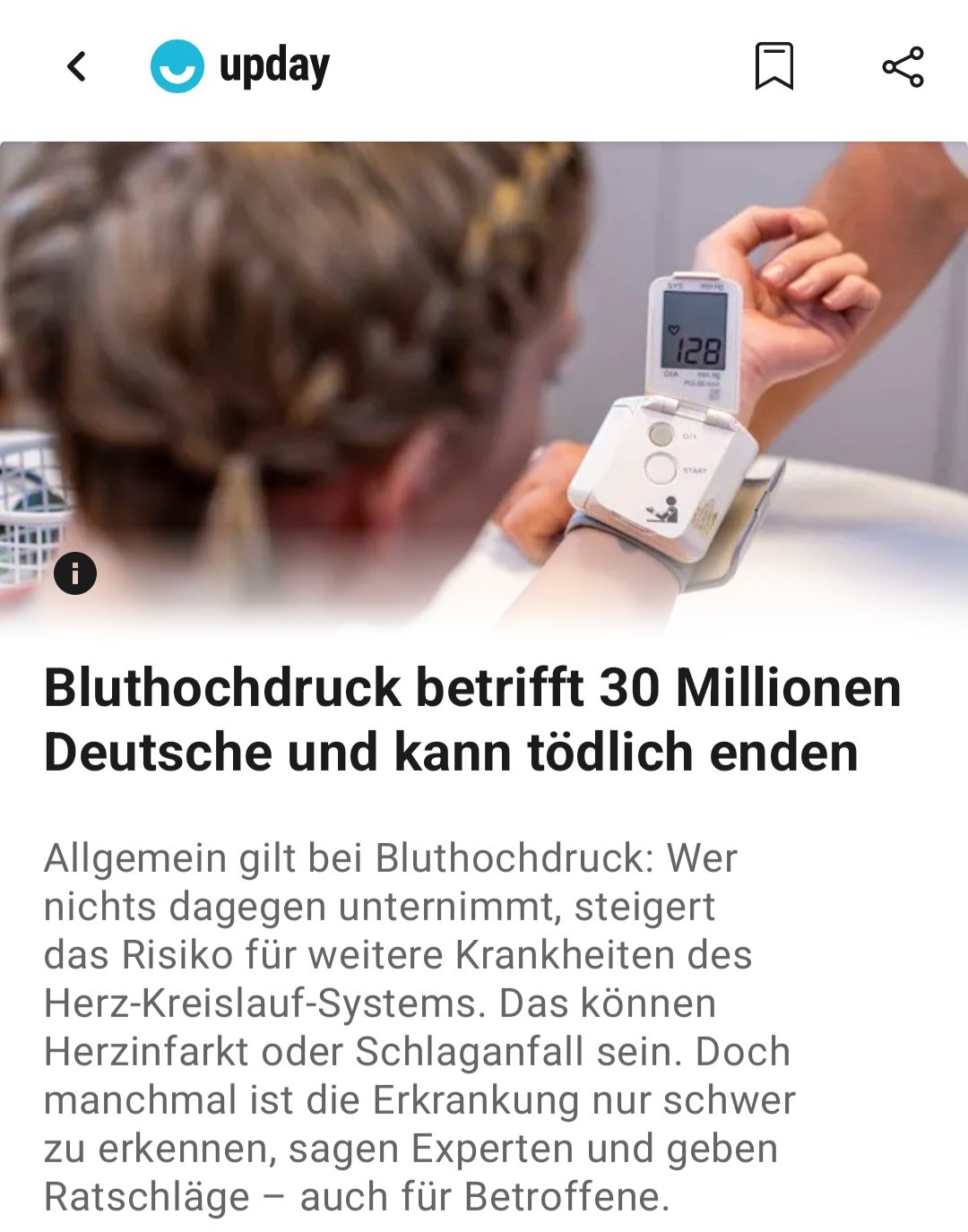 Upday Meldung
Bluthochdruck betrifft 30 Millionen
Deutsche und kann tödlich enden Upday Meldung
Bluthochdruck betrifft 30 Millionen
Deutsche und kann tödlich enden